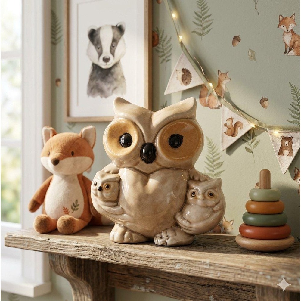 Vintage Hand Painted Ceramic Mama Owl Figurine Holding Two Babies 4.5" Retro